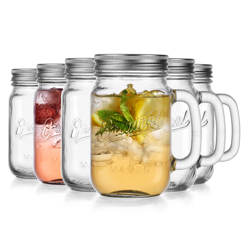 Glaver's 16oz clear mason jar shows fruit infusion beauty, great for lemonade or tea.