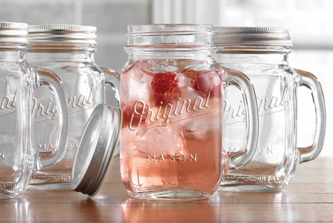 Glaver's Mason Jar 16oz mug with handle and lid, spill-proof for easy entertaining.