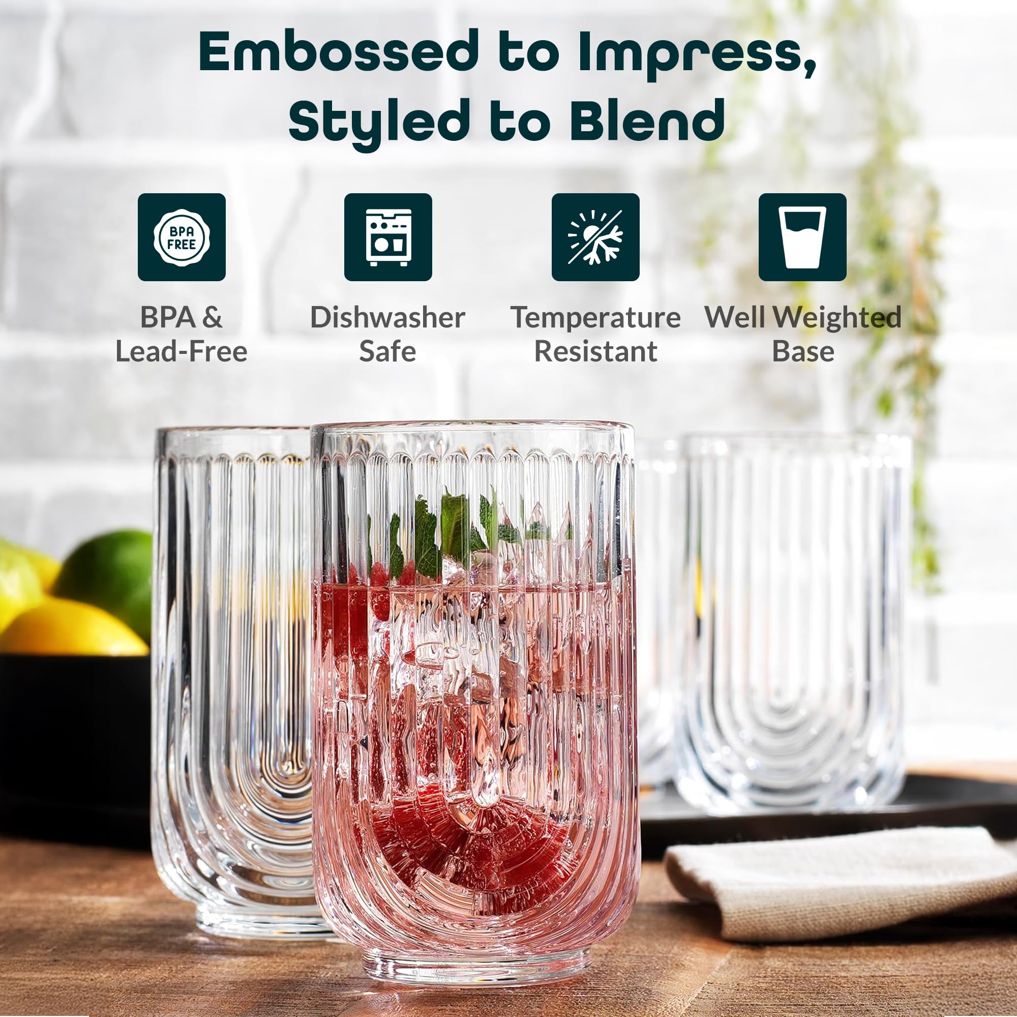 Glaver's ripple-textured highball glass adds vintage charm for water, juice, or iced tea.