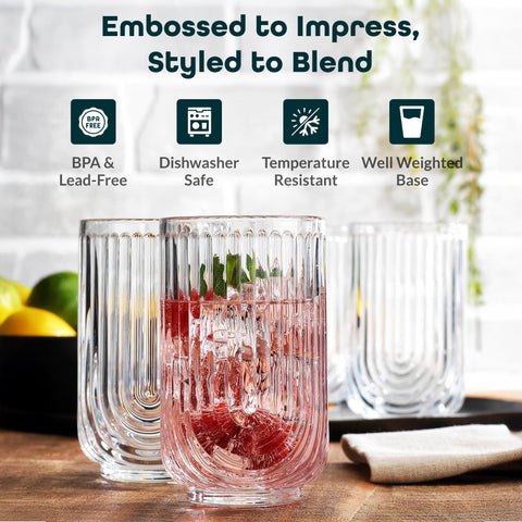 Glaver's ripple-textured highball glass adds vintage charm for water, juice, or iced tea.