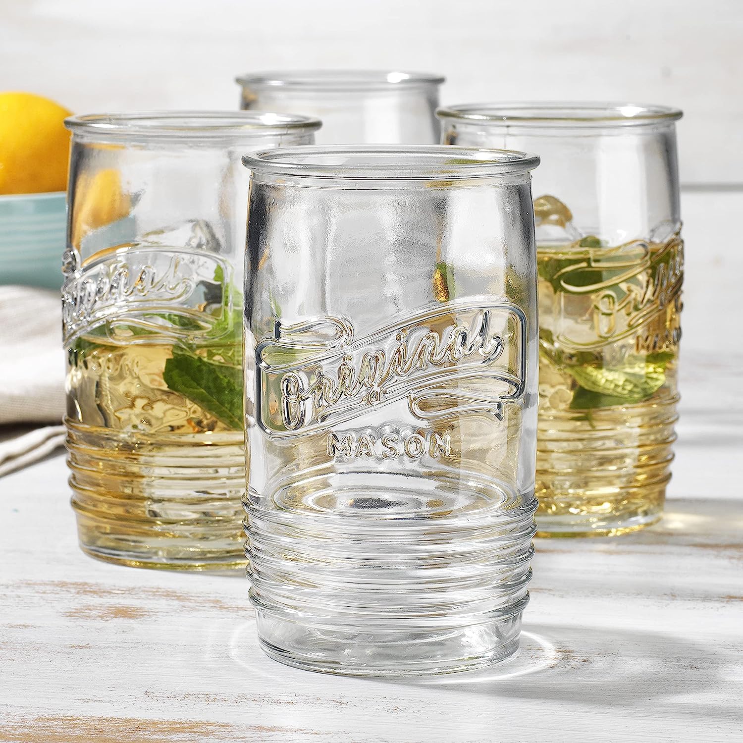 Glaver's stemless mason glasses, 20oz, perfect for water or juice.