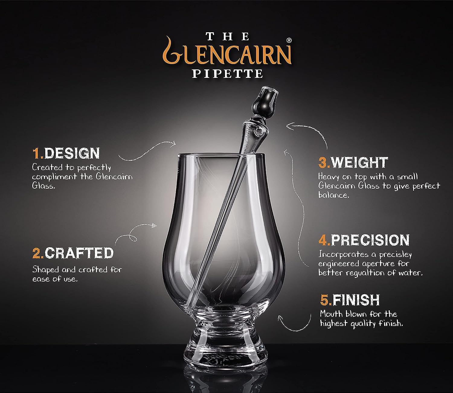 GLENCAIRN pipette with a weighted top shown for comfortable, controlled dosing during tastings.