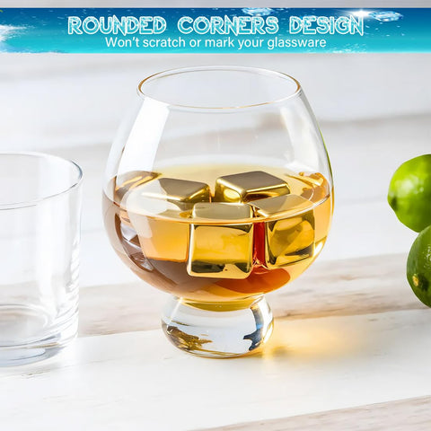 Glendaveny elegant gold-plated cubes resting on a glass.