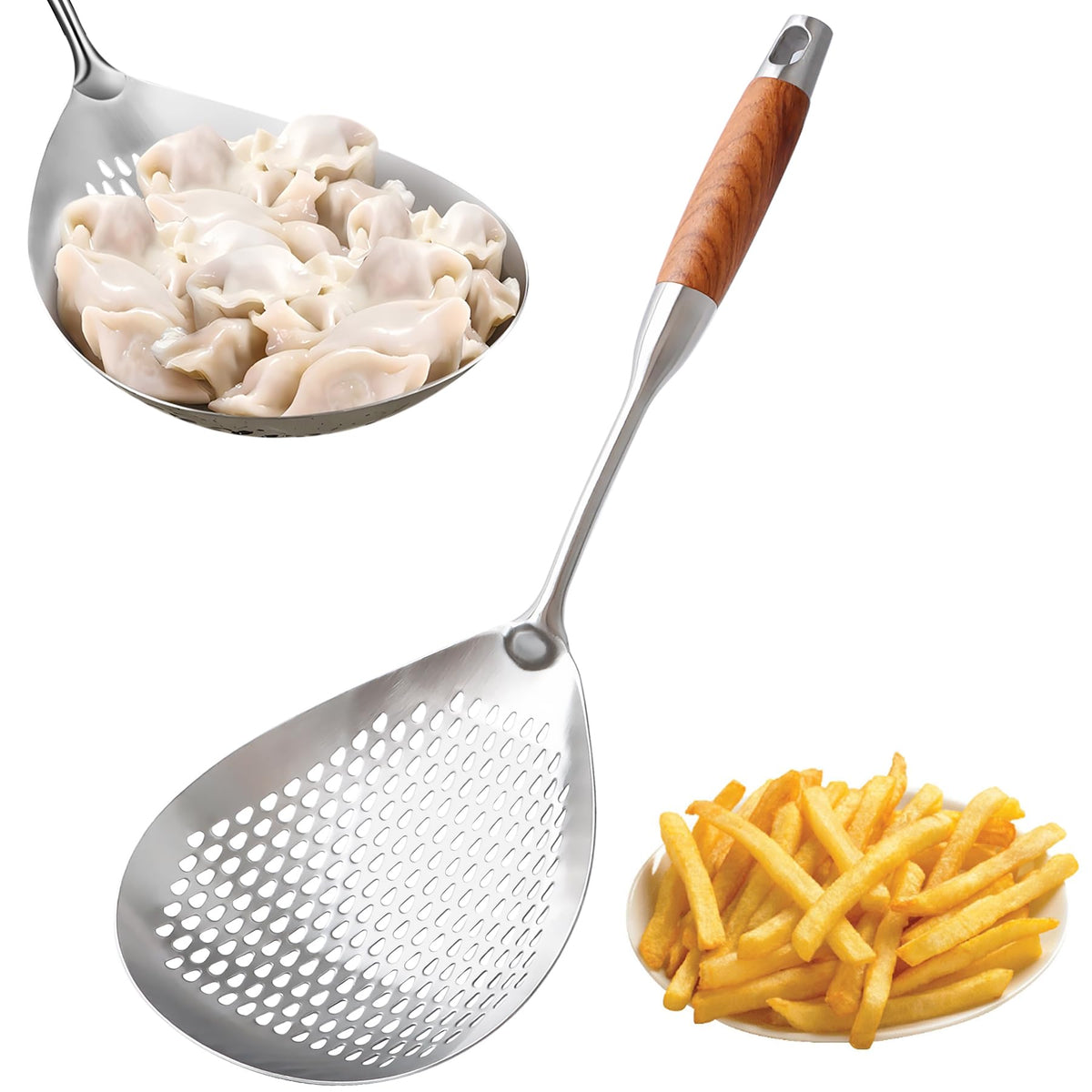 GLENDAVENY skimmer slotted spoon front view with 5.8-inch basket for quick draining