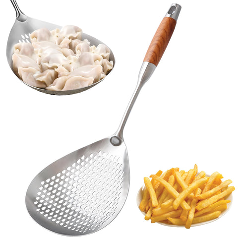 GLENDAVENY skimmer slotted spoon front view with 5.8-inch basket for quick draining