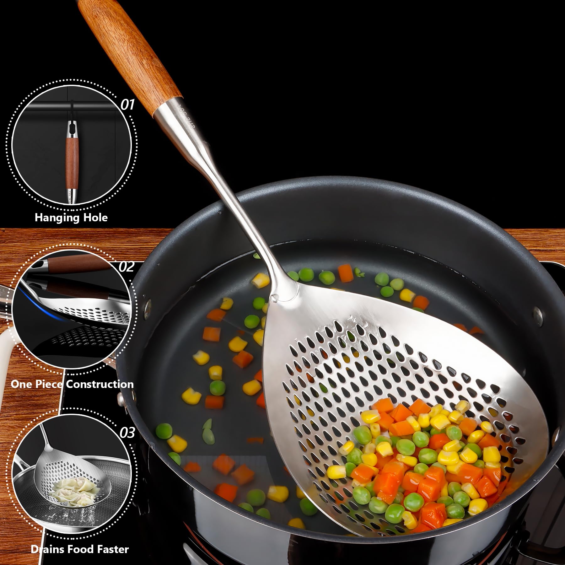 GLENDAVENY slotted spoon suitable for pasta and eggs draining efficiently