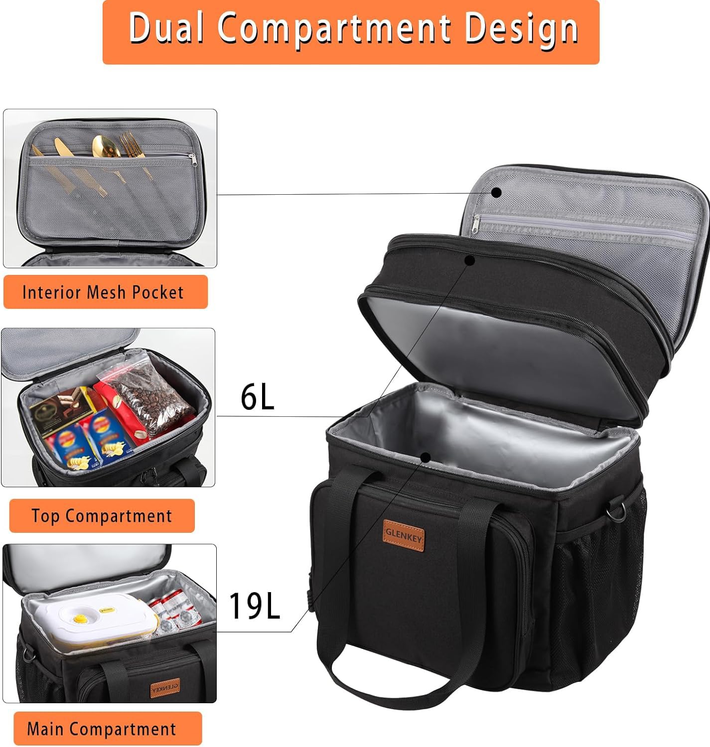 GLENKEY expandable xl lunchbox side pockets organize chargers and bottles during outings
