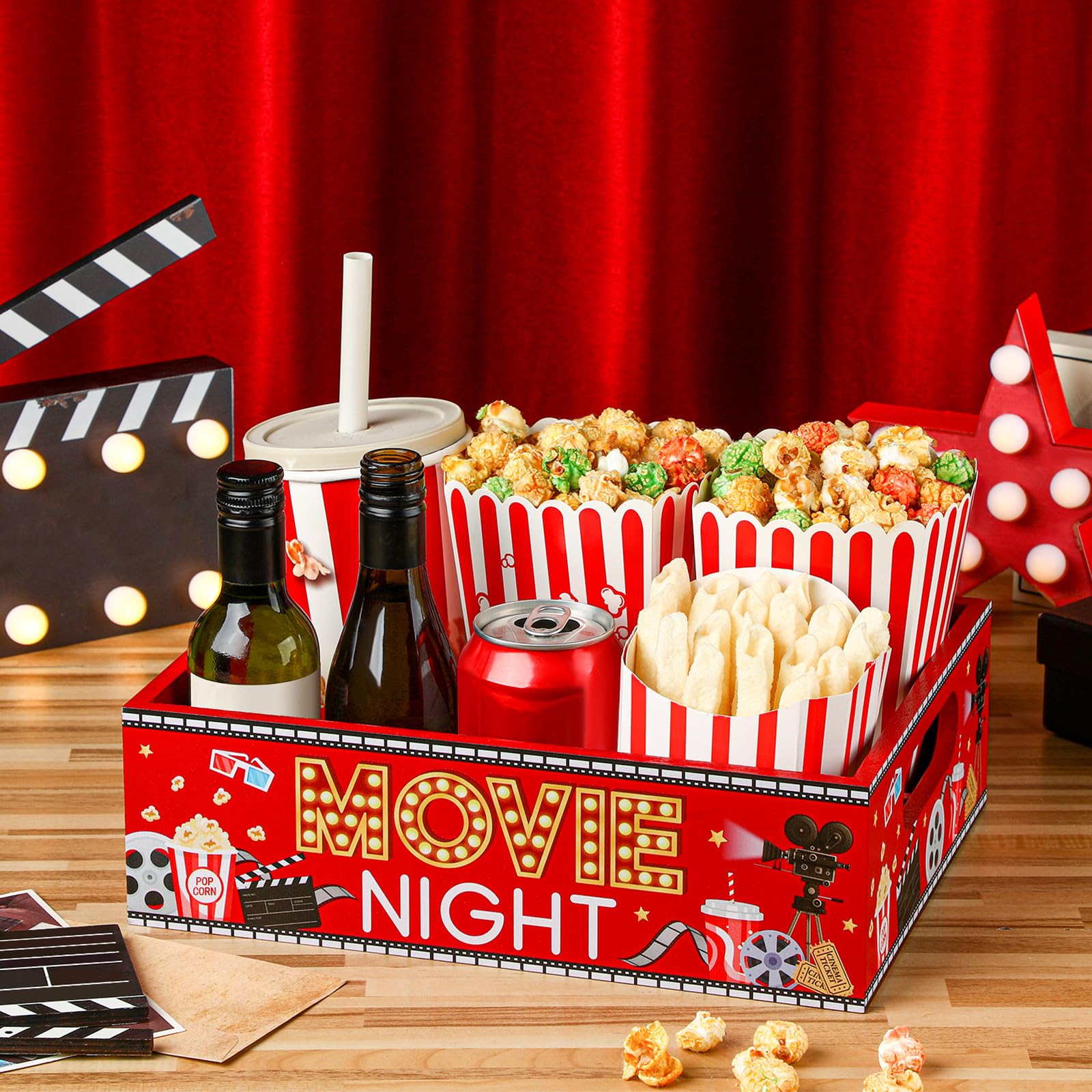GlikCeil durable wooden gift tray in red, gold, and black for movie nights.
