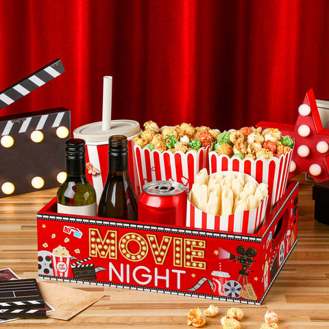 GlikCeil durable wooden gift tray in red, gold, and black for movie nights.