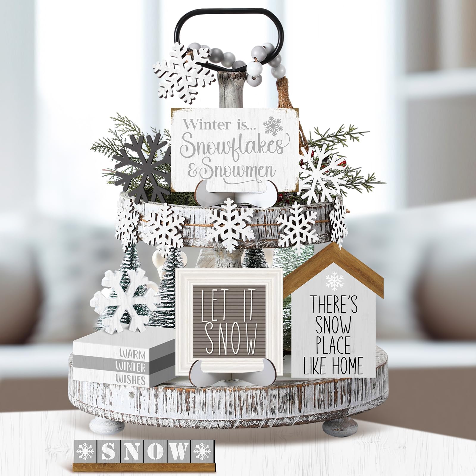 GlikCeil farmhouse winter display—neutral gray and white tones for calm rooms