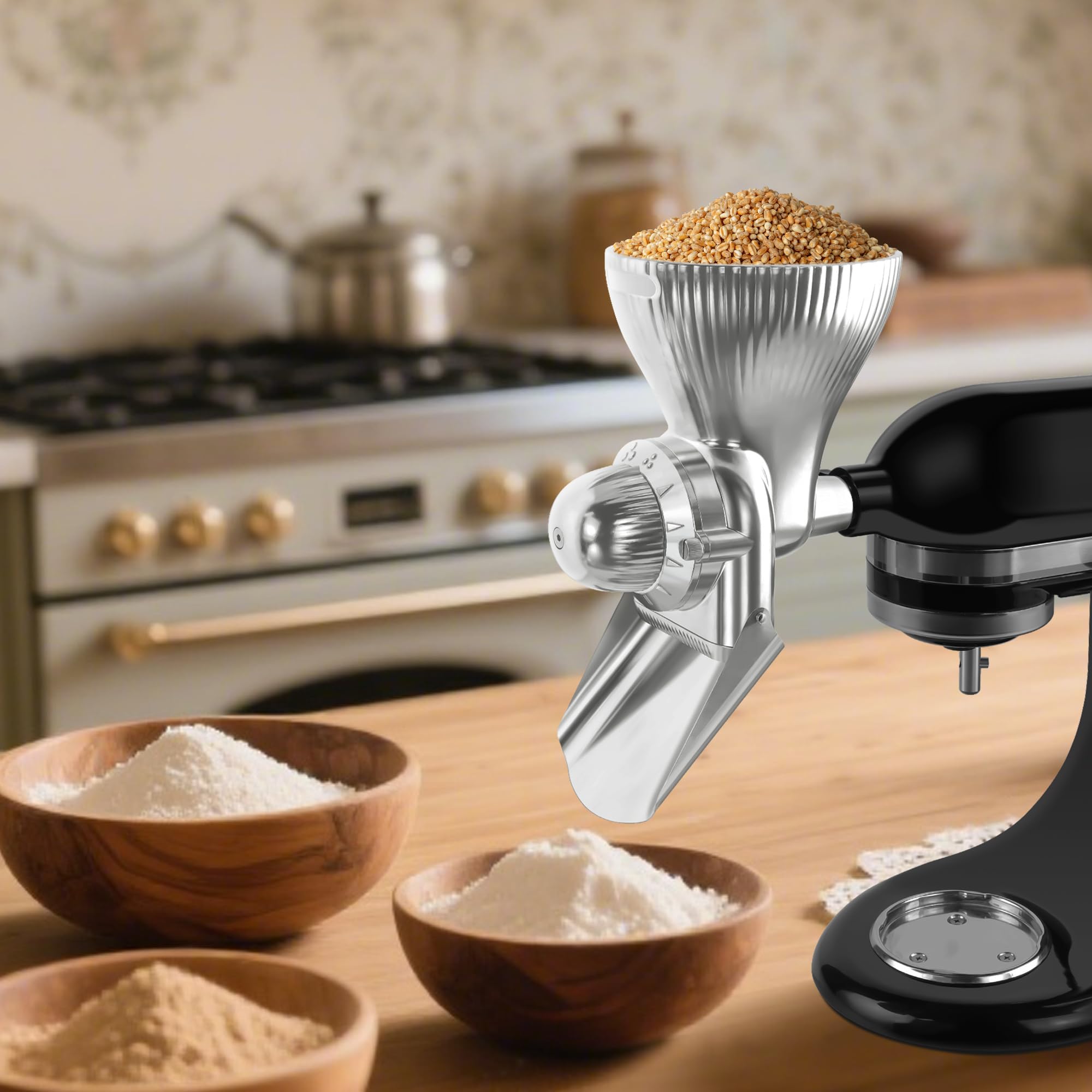 GLINK grain mill attachment in use on KitchenAid during milling session