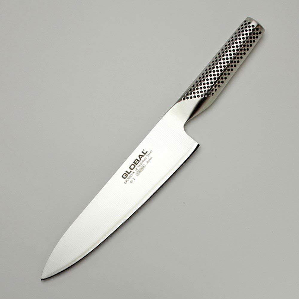 Global 8-inch knife dimpled handle promotes safe, comfortable grip during prep