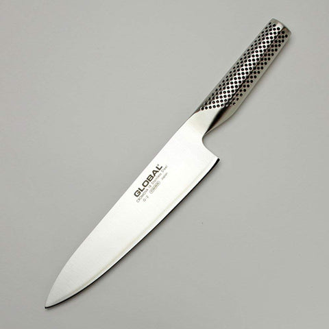 Global 8-inch knife dimpled handle promotes safe, comfortable grip during prep
