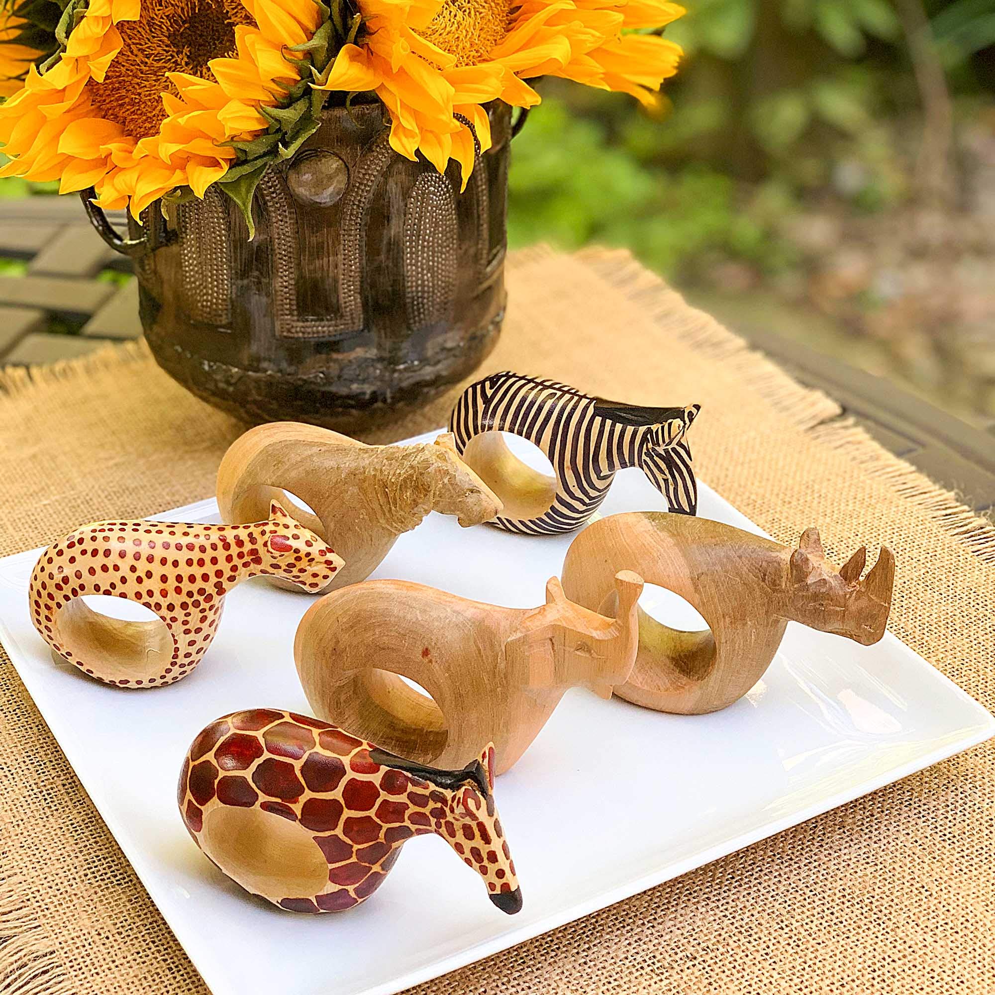Global Crafts mahogany napkin ring Cheetah with painted stripes for lively dining occasions.