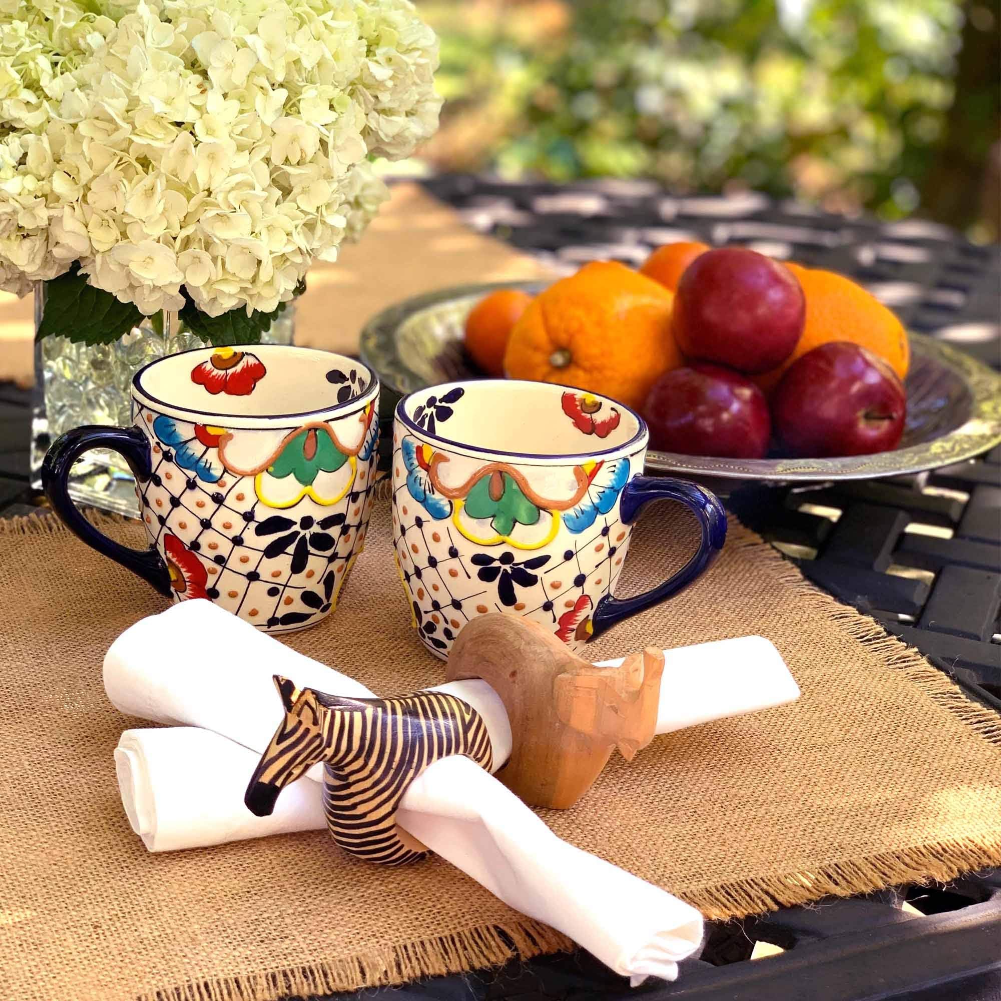 Global Crafts mahogany animal napkin ring set six for a playful tablescape.