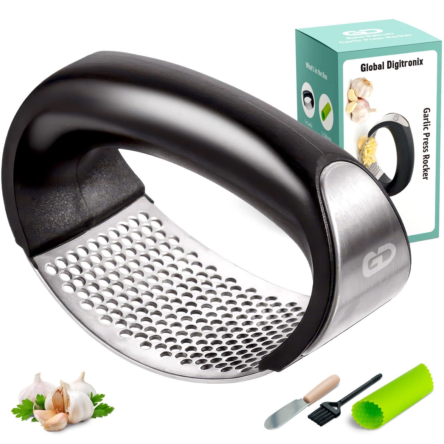 Global Digitronix garlic press rocker enables quick, easy mincing with a rocking motion.