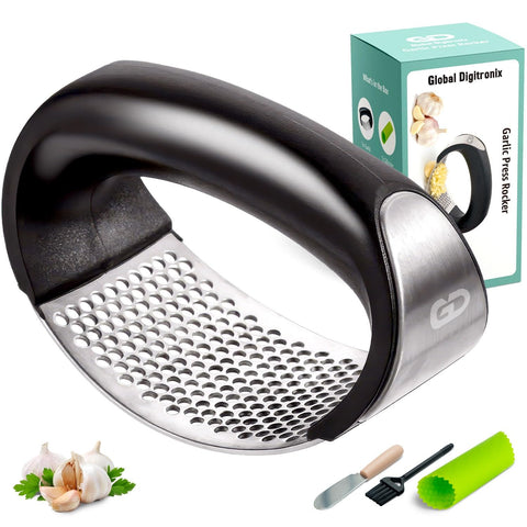 Global Digitronix garlic press rocker enables quick, easy mincing with a rocking motion.