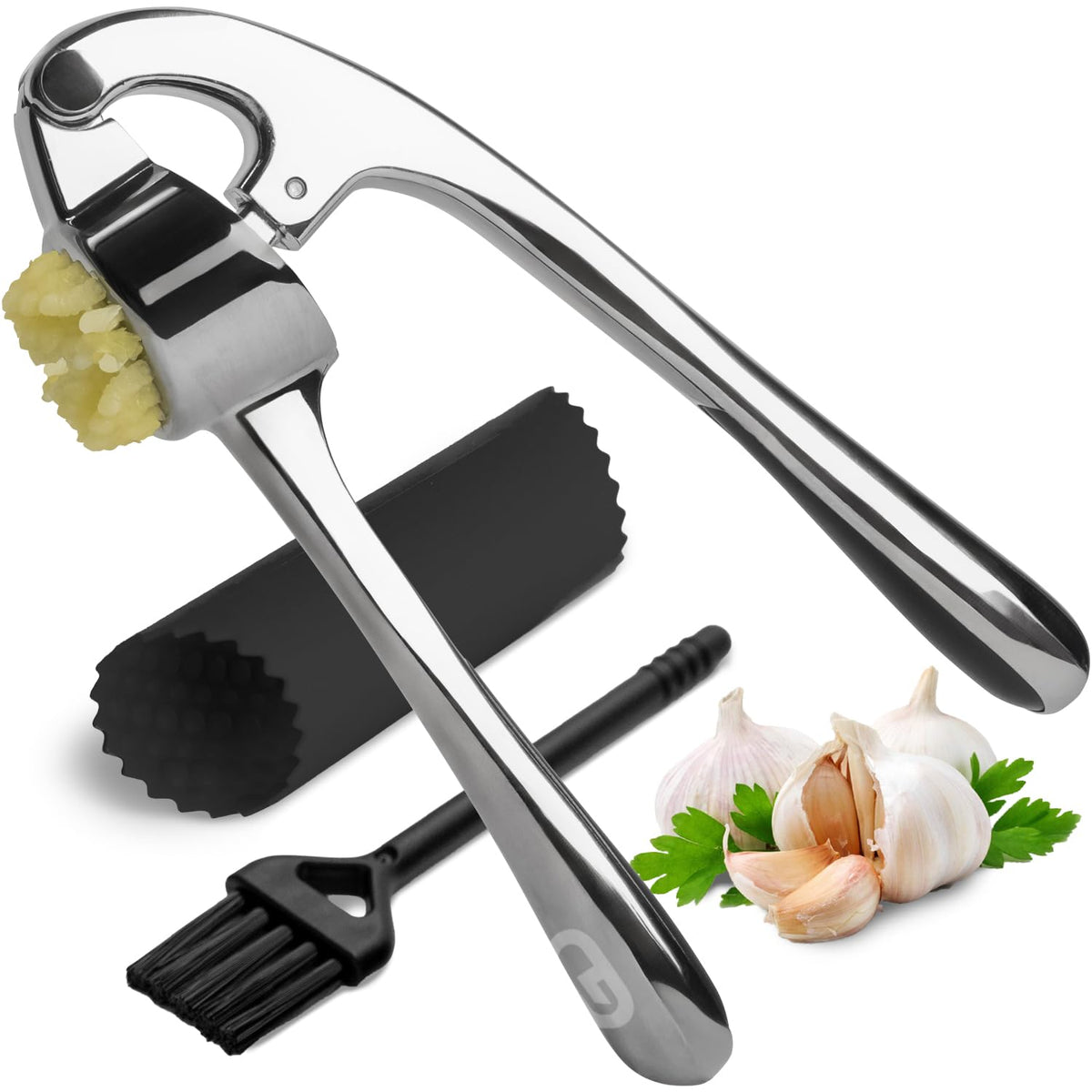 Global Digitronix GD Premium Garlic Press imperial silver close-up shows rust-proof body for easy mincing