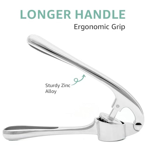 Global Digitronix garlic press rocker design demonstrates quick mincing with minimal effort in busy kitchens