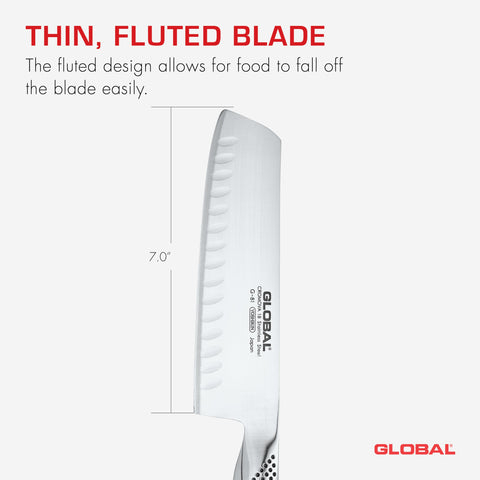 Nakiri-style square-tip knife by Global in kitchen use