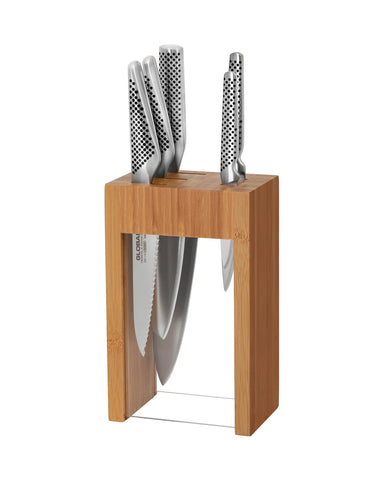 Global Osaka 6-piece knife block set on counter showcasing premium steel and balanced handling.