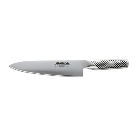 Global Osaka 8-inch chef knife demonstrates sharp versatility for slicing and dicing.