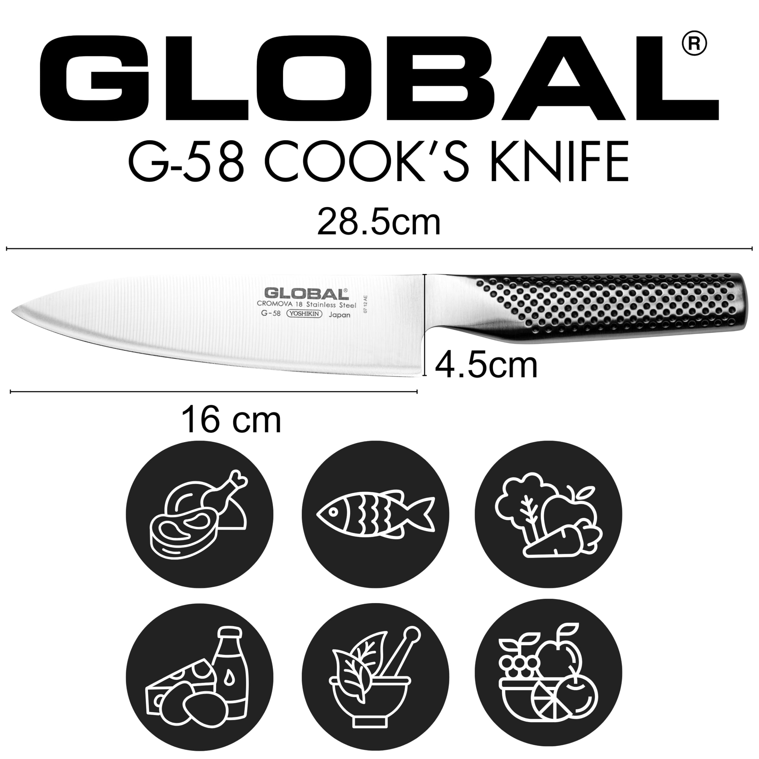 Global Sai knife hammered finish reduces drag and sticking while cutting.