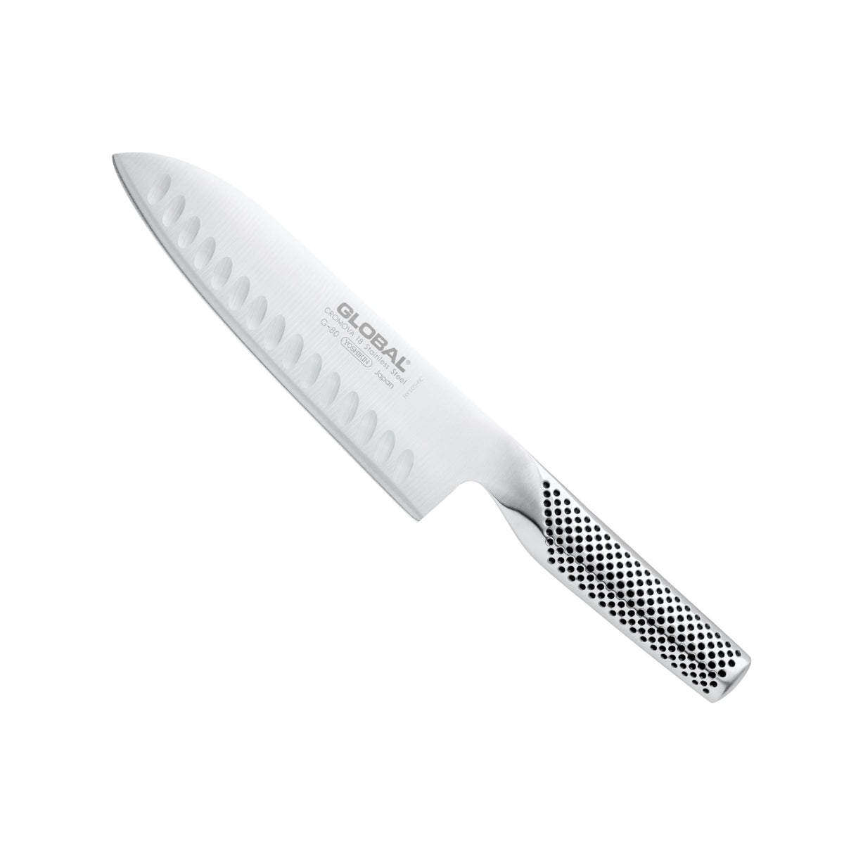Global Santoku Knife blade close-up with razor-sharp hollow-ground edge for precise slicing.