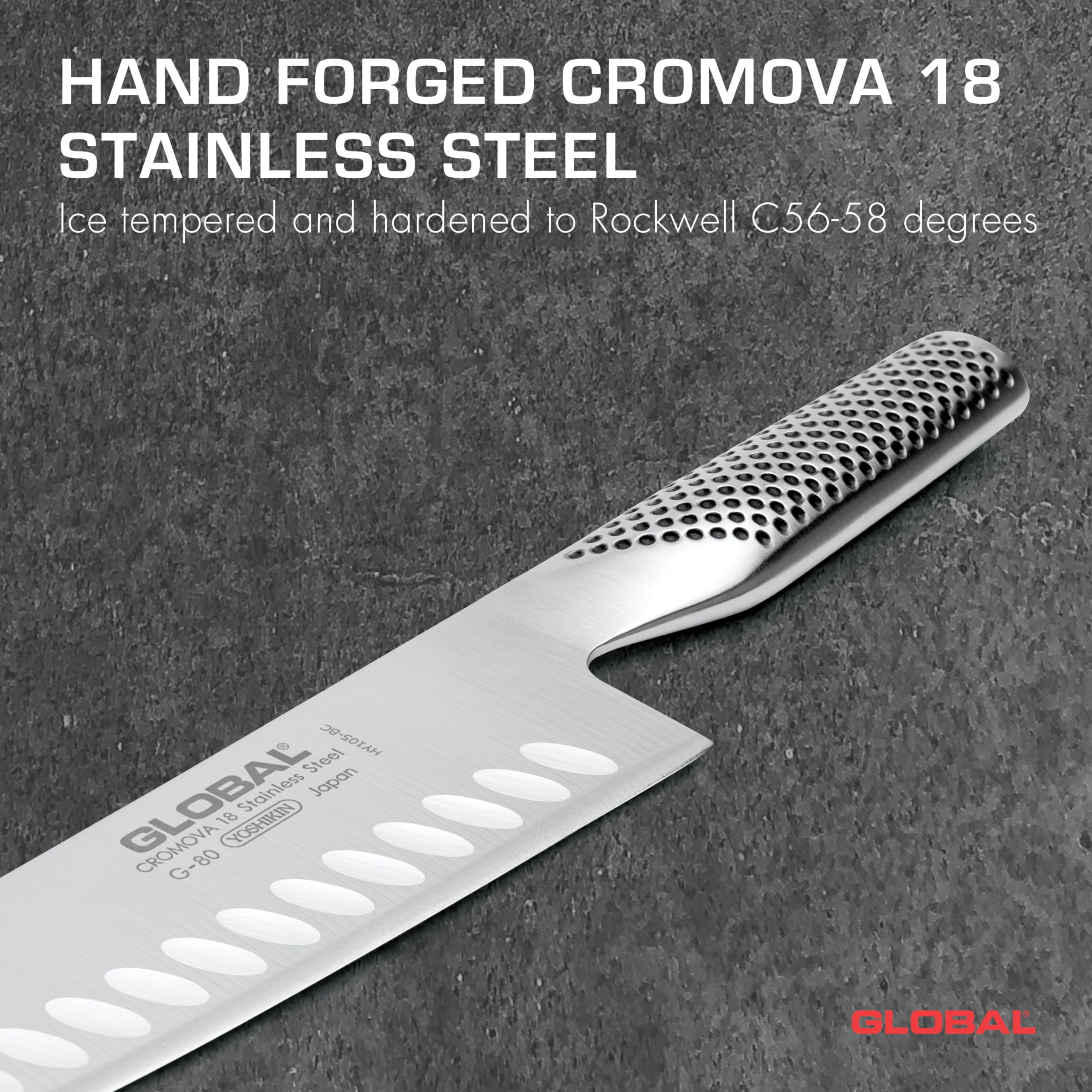 Global Santoku Knife hollow-ground edge enabling smooth, even slices of vegetables.