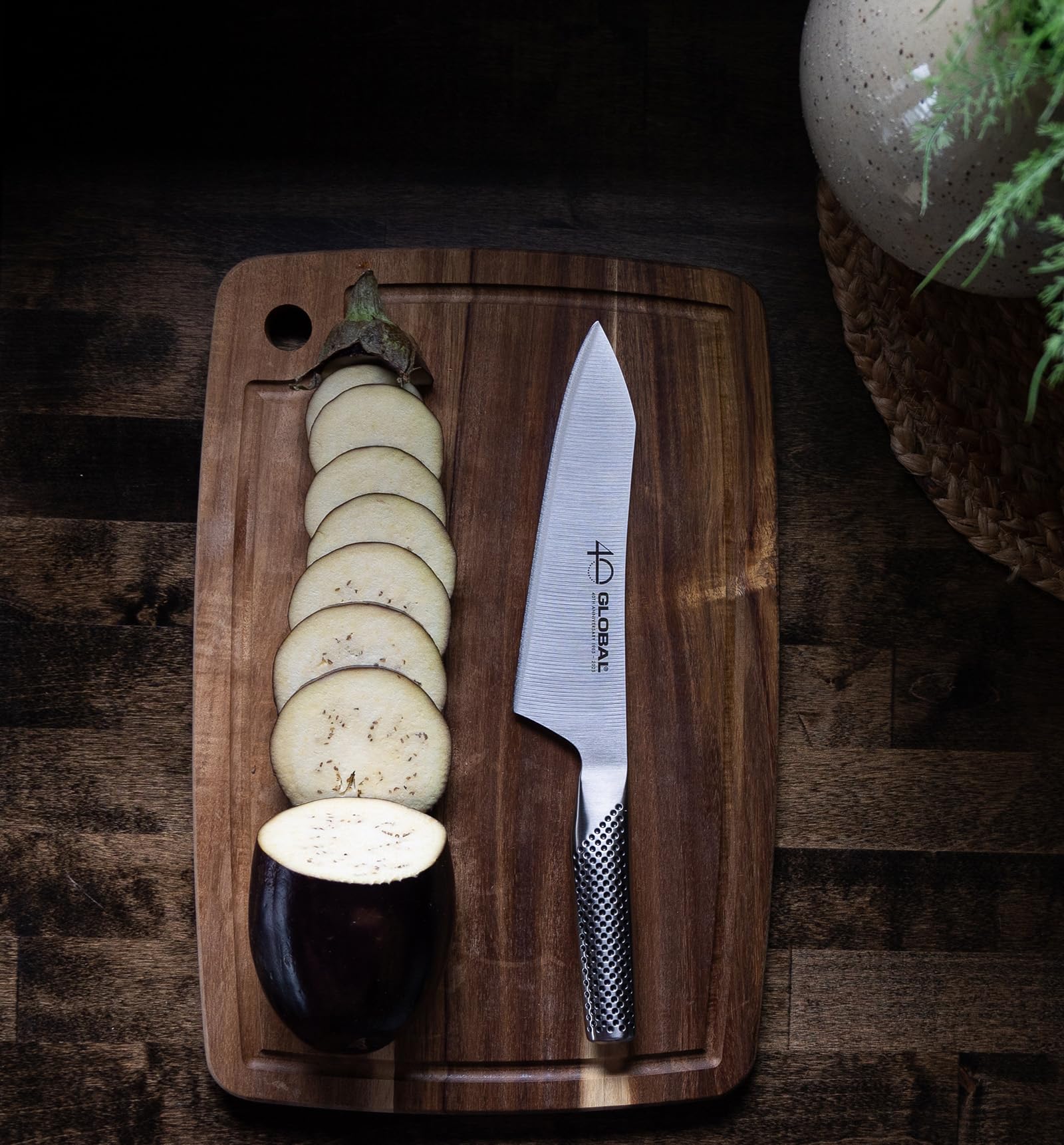 Global knife with slip-resistant grip stays secure during slicing.