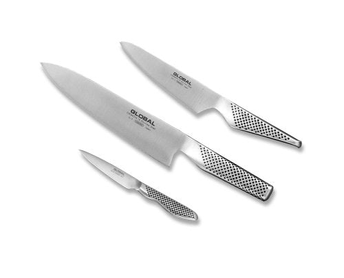 Global starter set complete visual focus: three knives for precise slicing and easy meal prep