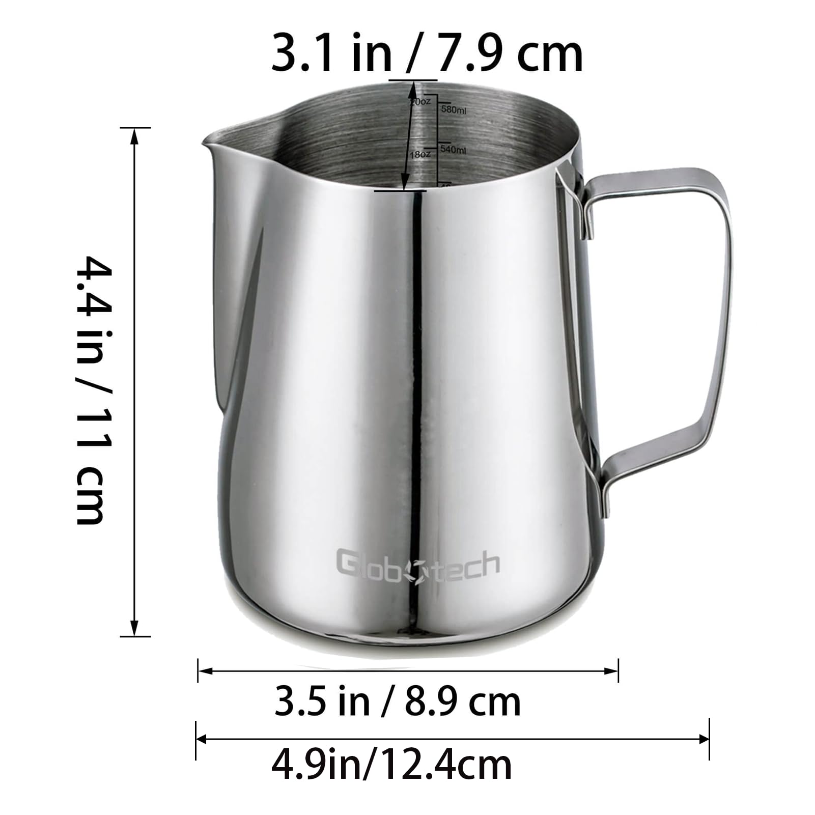 Globotech espresso steaming pitcher with narrow spout for precise latte art