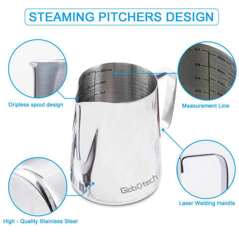 Globotech espresso steaming pitcher with a precise narrow spout