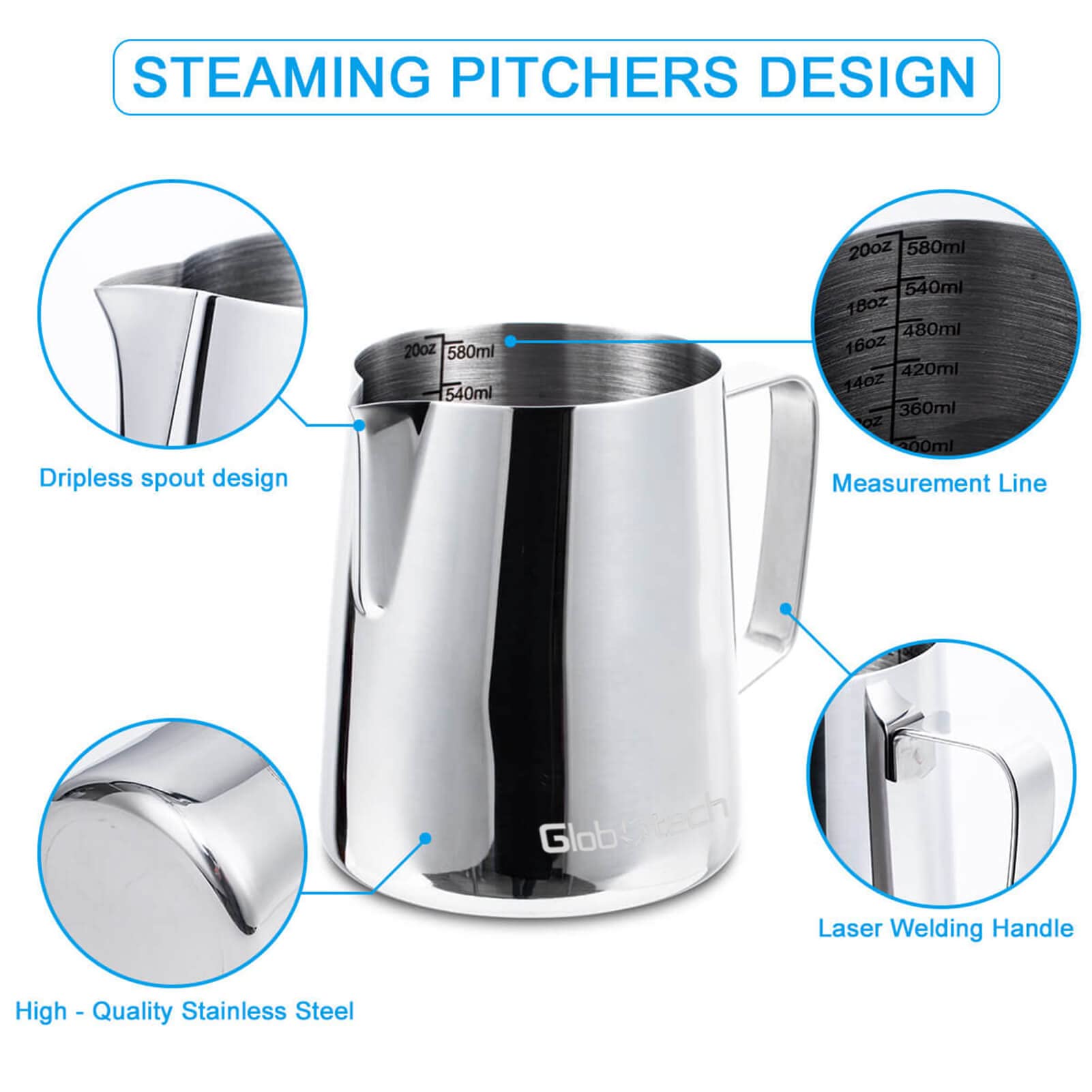 Globotech latte art pitcher with ergonomic handle for comfortable pours