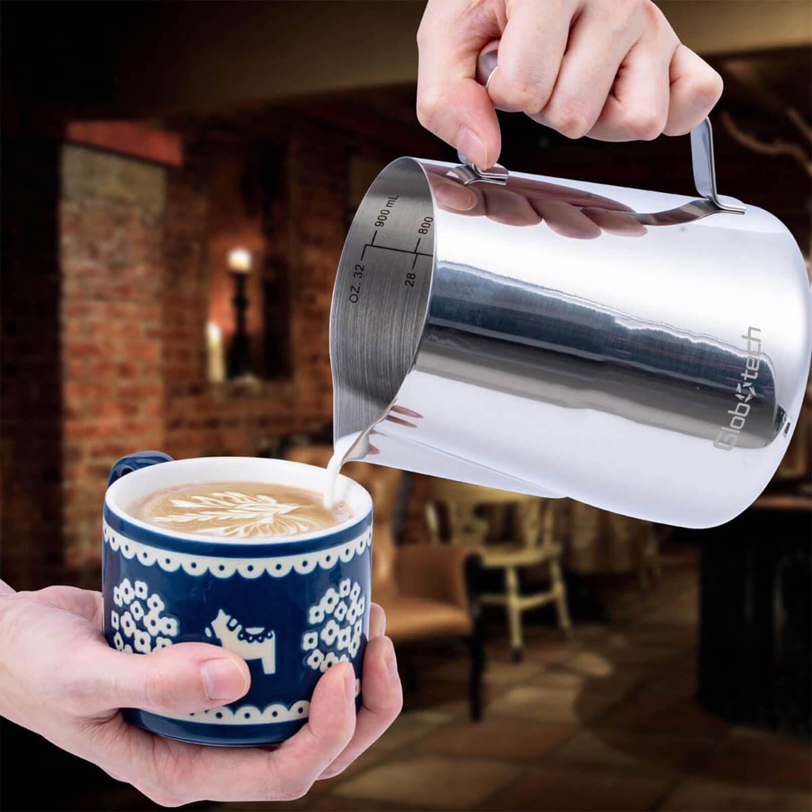 Globotech pitcher shows inside measurement marks for accurate portions
