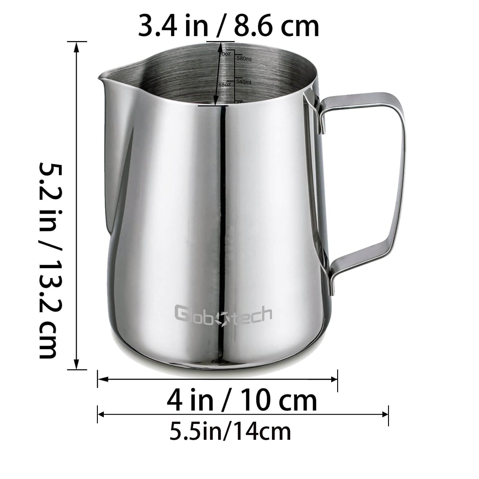 Globotech stainless steel milk pitcher ideal for latte art