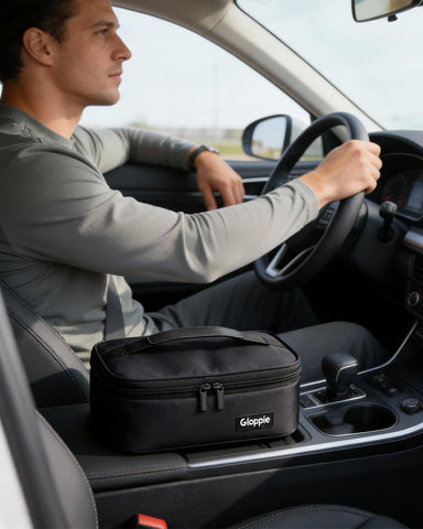 Gloppie lunch bag in backpack use shows easy portability and hands-free transport.