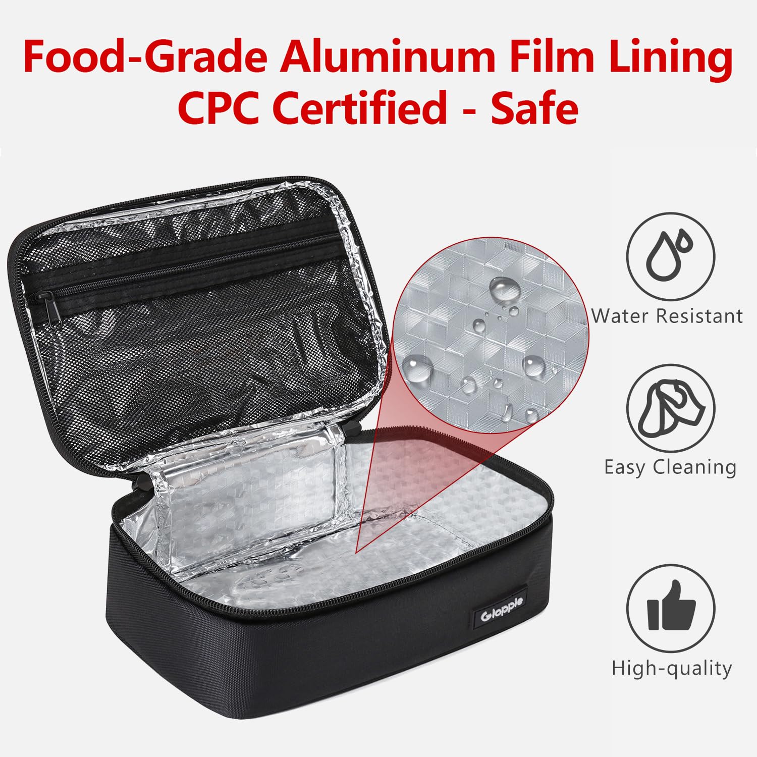 Gloppie lunch bag waterproof 900D fabric protects contents during rain.