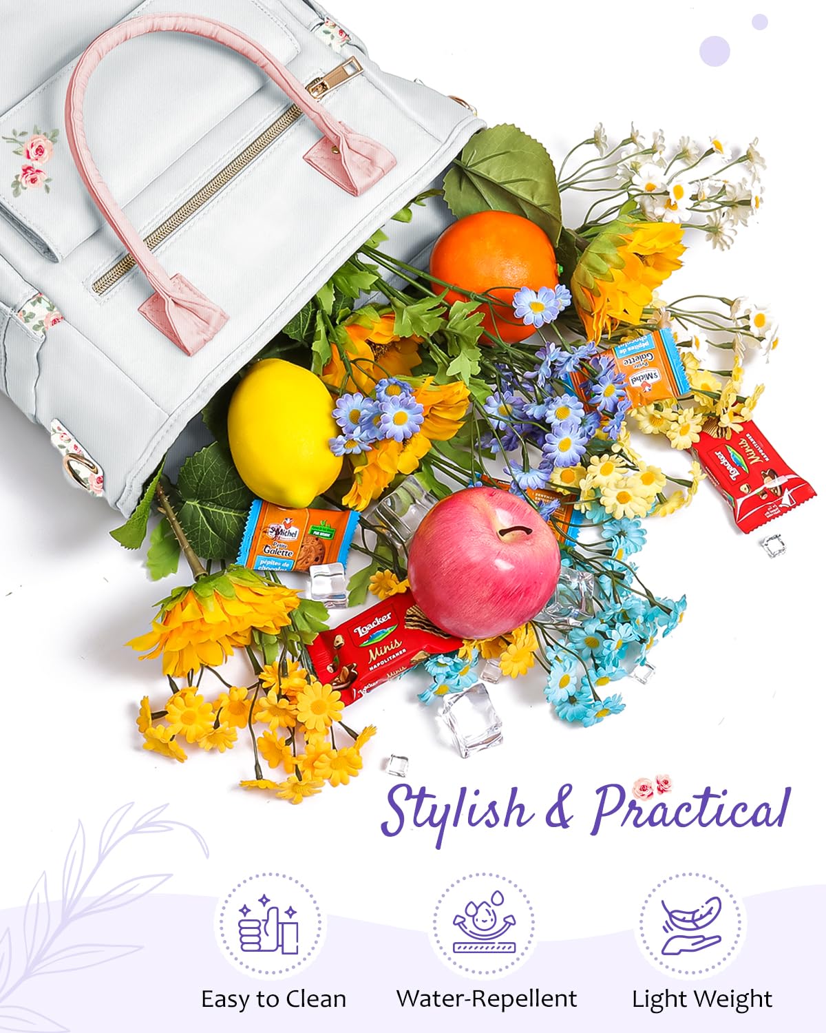GLORIEROO deluxe flora lunch bag side pocket detail for extra storage