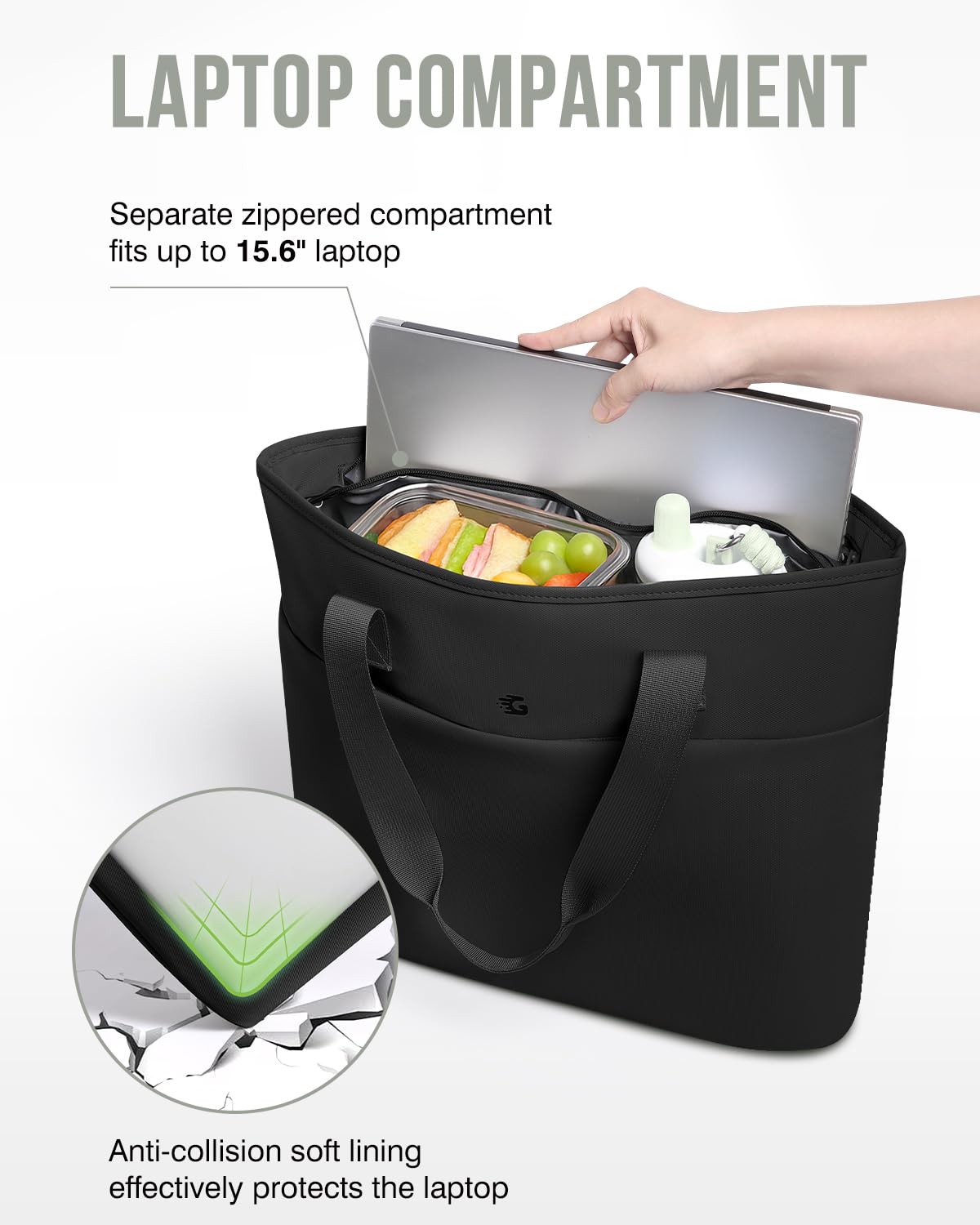 GLORIEROO tote shows water-resistant fabric for spills and quick cleaning.
