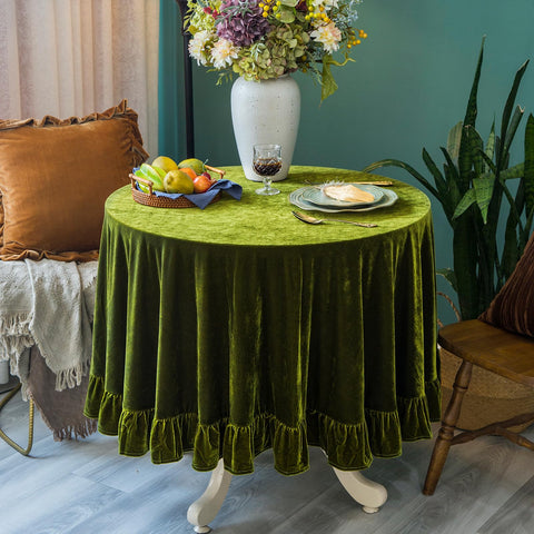 GLORY SEASON velvet tablecloth with flounce trim adds vintage charm for special occasions.
