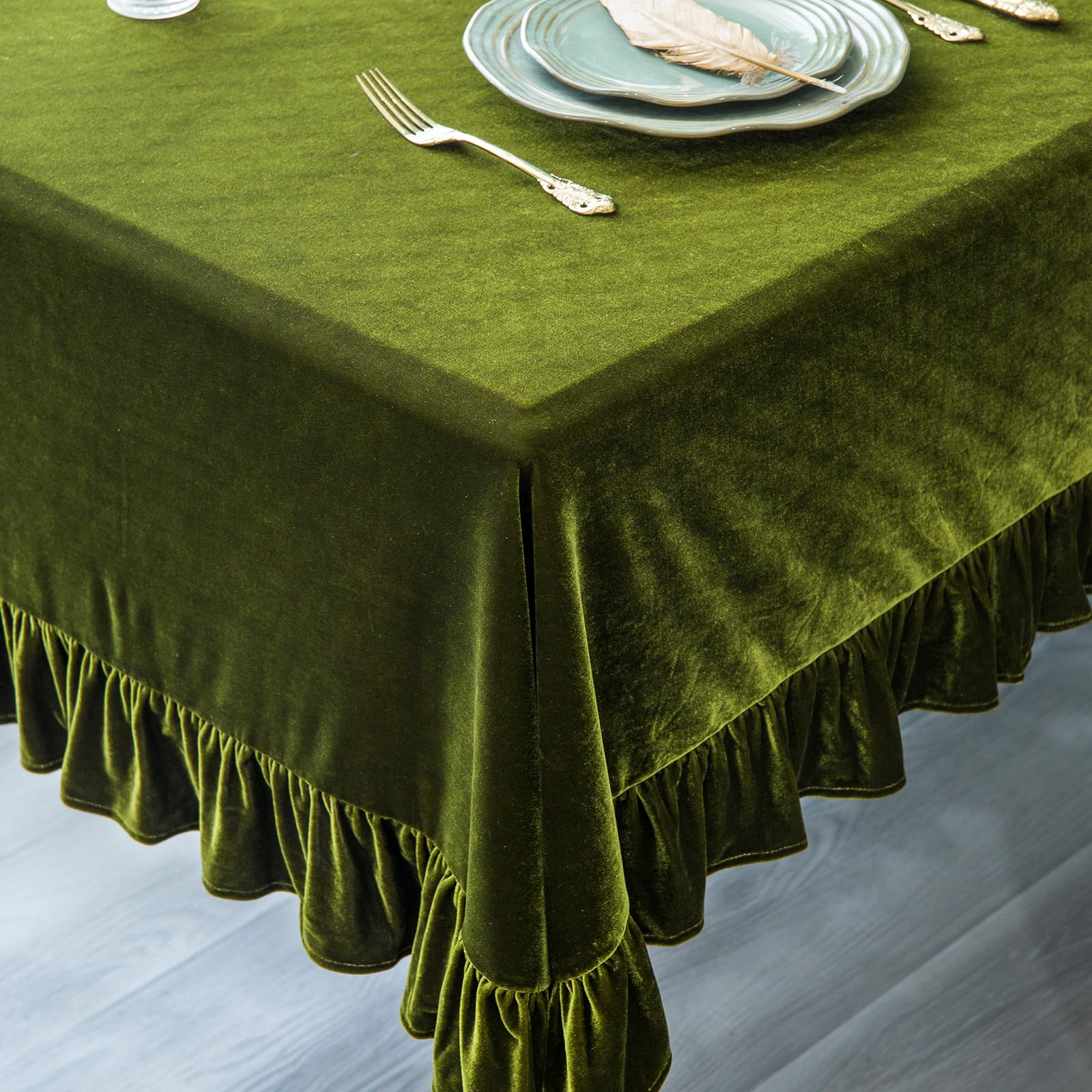 GLORY SEASON velvet tablecloth outdoors on patio with rich color.