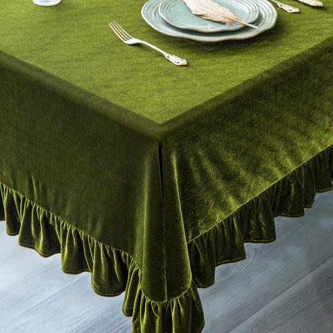GLORY SEASON velvet tablecloth outdoors on patio with rich color.