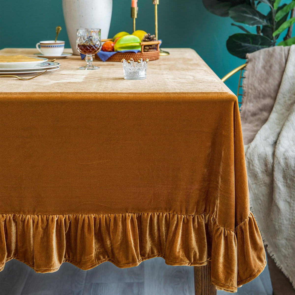 GLORY SEASON velvet tablecloth close-up texture with rich color under light
