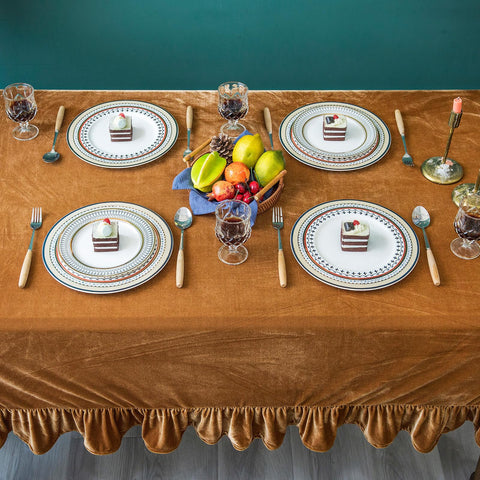 GLORY SEASON velvet tablecloth with ruffle trim adds vintage elegance to dining
