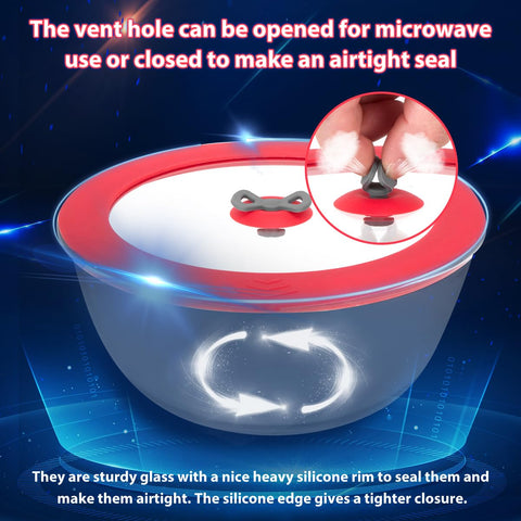 Leakproof bow-button lid provides secure fit on round glass bowls
