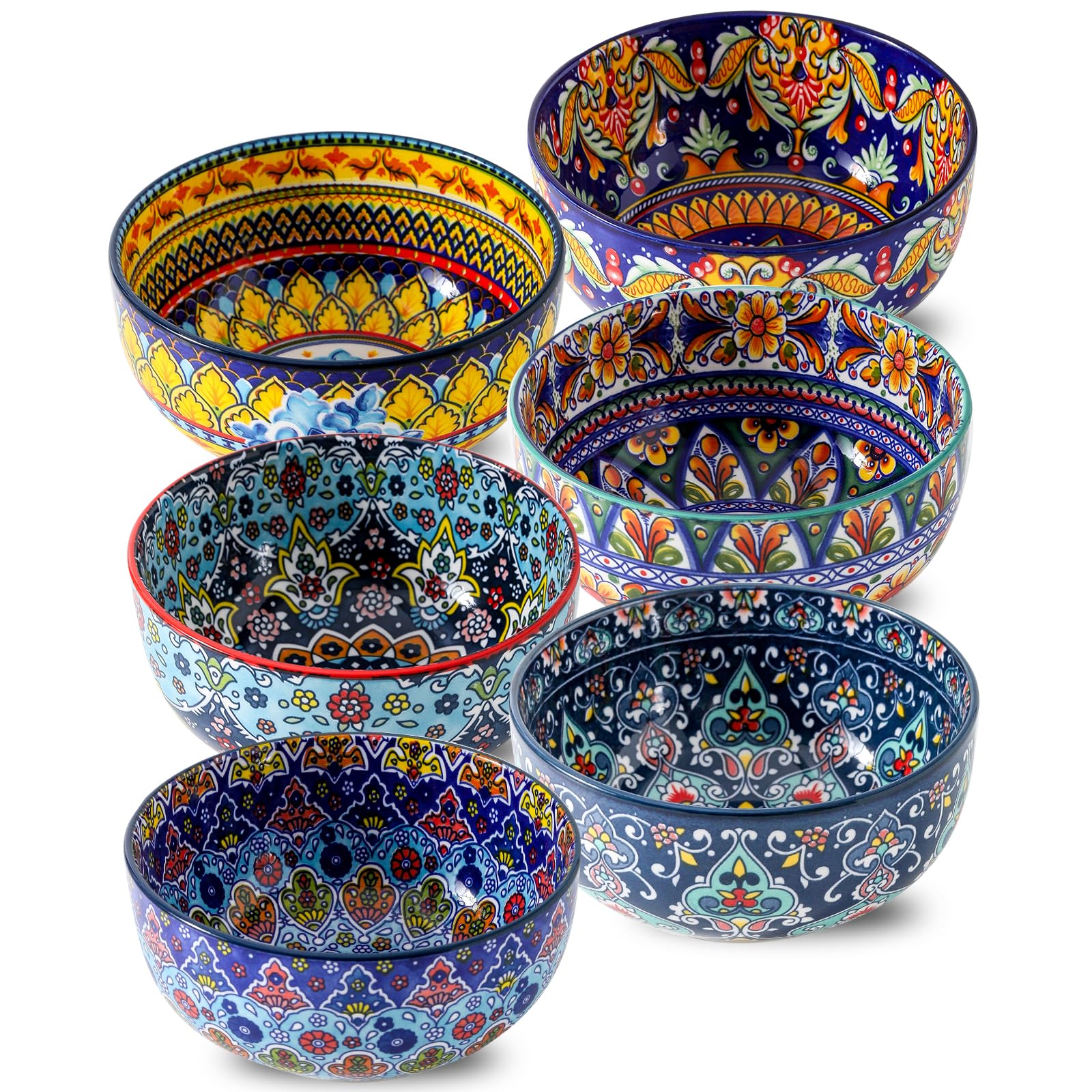 Glowworm bowls set6 bohemian-pattern close-up with vibrant colors for stylish dining