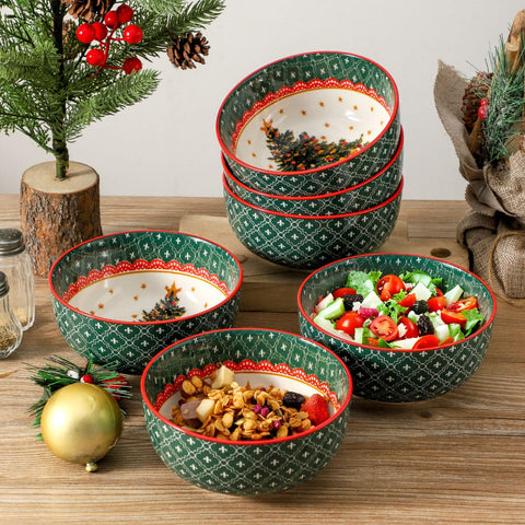 Glowworm Christmas bowls in a six-piece set, classic festive color palette