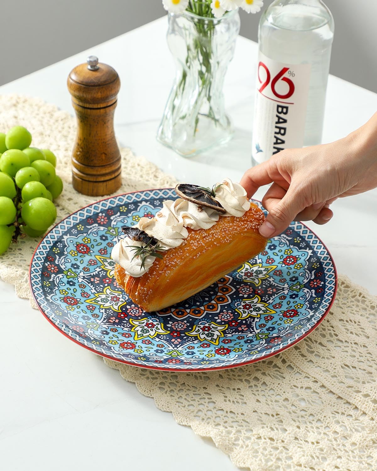 Glowworm dishware showing a stackable boho pattern for compact storage