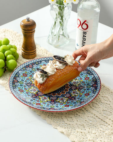 Glowworm dishware showing a stackable boho pattern for compact storage